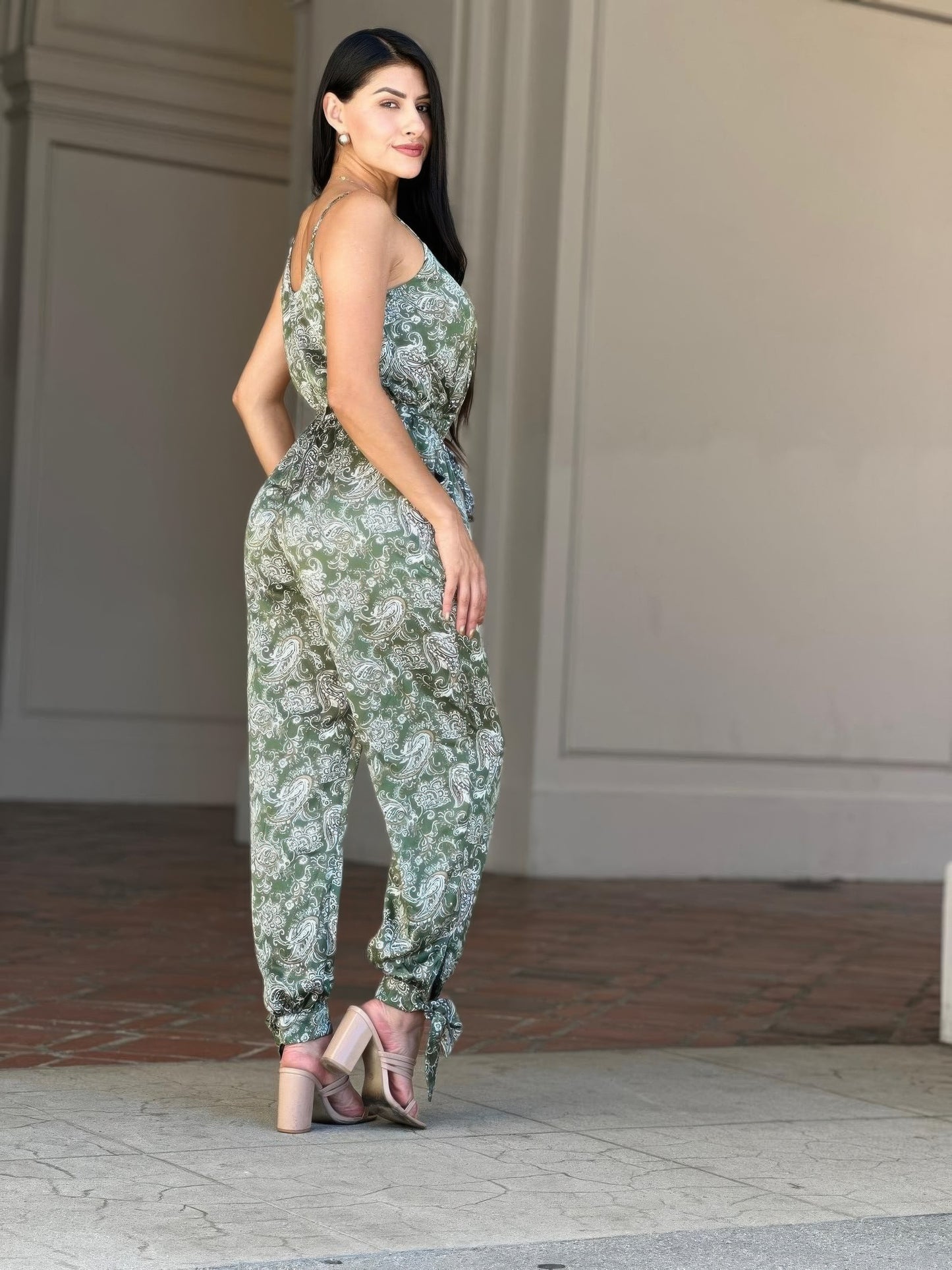 V Neck Sleeveless Paisley Jumpsuit With Tie Waist - Tigbul's Variety Fashion Shop