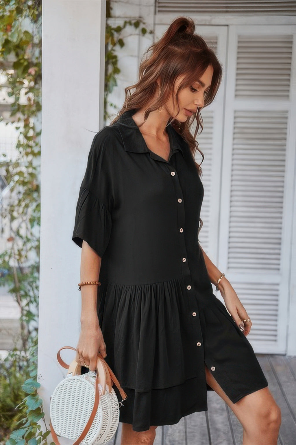 Black tunic mini dress, gathered waist, short sleeves, button-up front