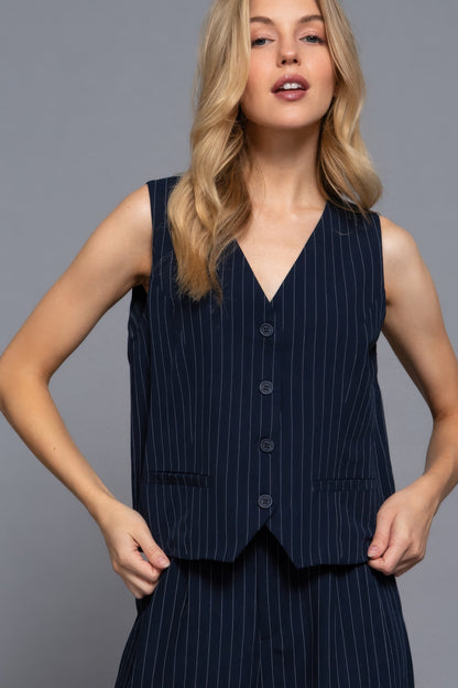 V-neckline Pin Stripe Woven Vest - Tigbul's Variety Fashion Shop