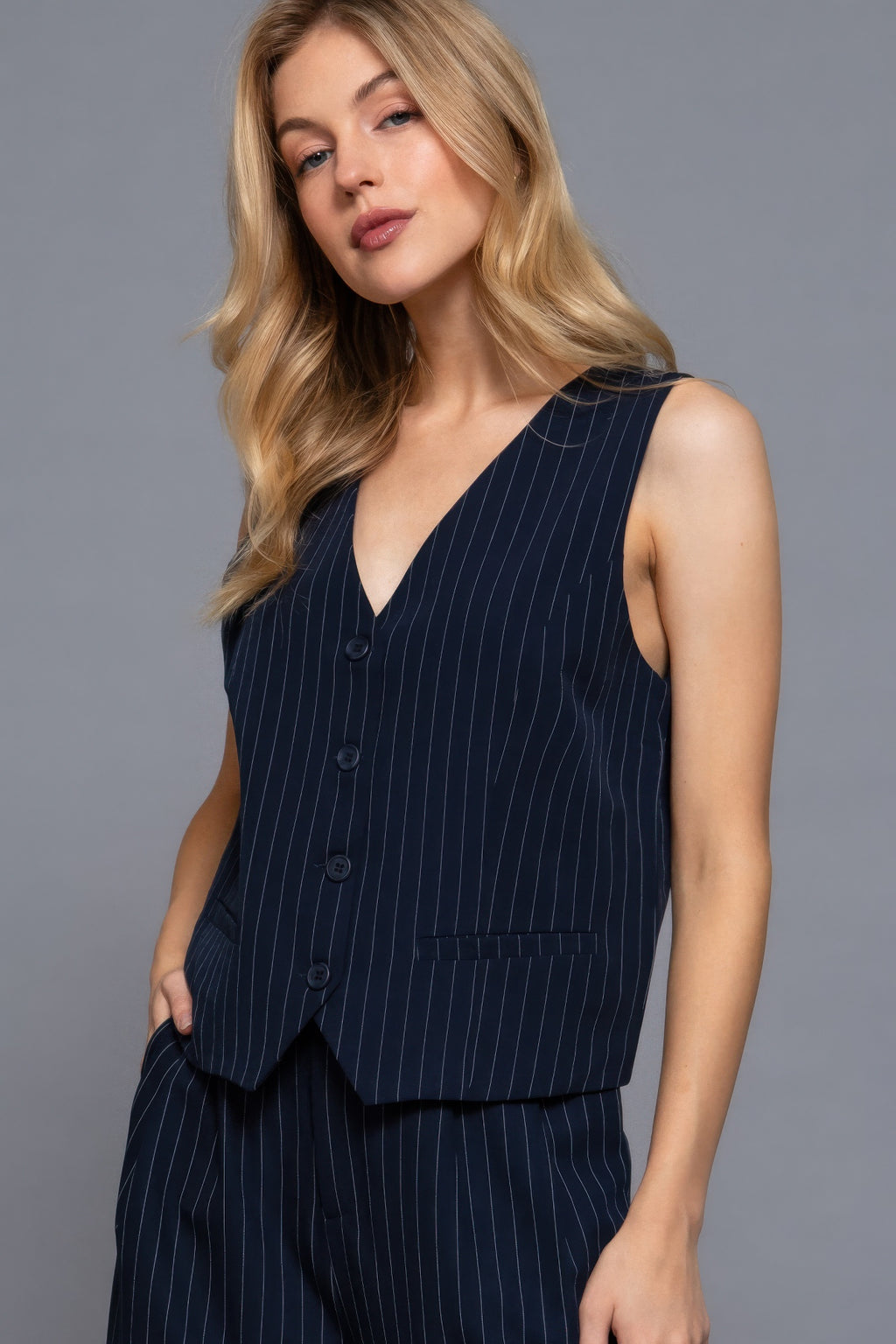 Navy pinstripe V-neck woven vest, front button placket and chest pocket