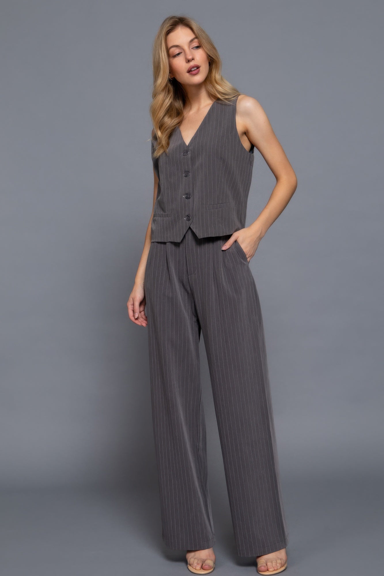 Heather grey pinstripe V-neck vest with button front and matching waist panel
