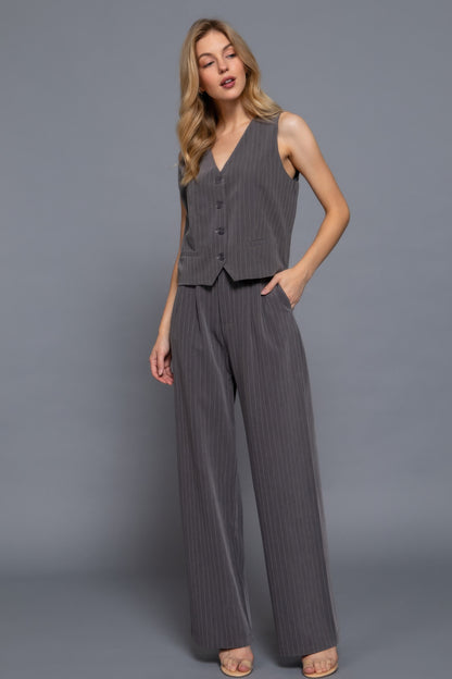V-neckline Pin Stripe Woven Vest - Tigbul's Variety Fashion Shop