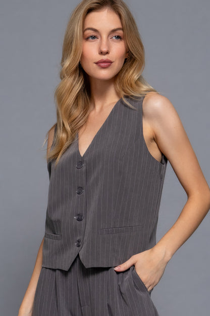 V-neckline Pin Stripe Woven Vest - Tigbul's Variety Fashion Shop