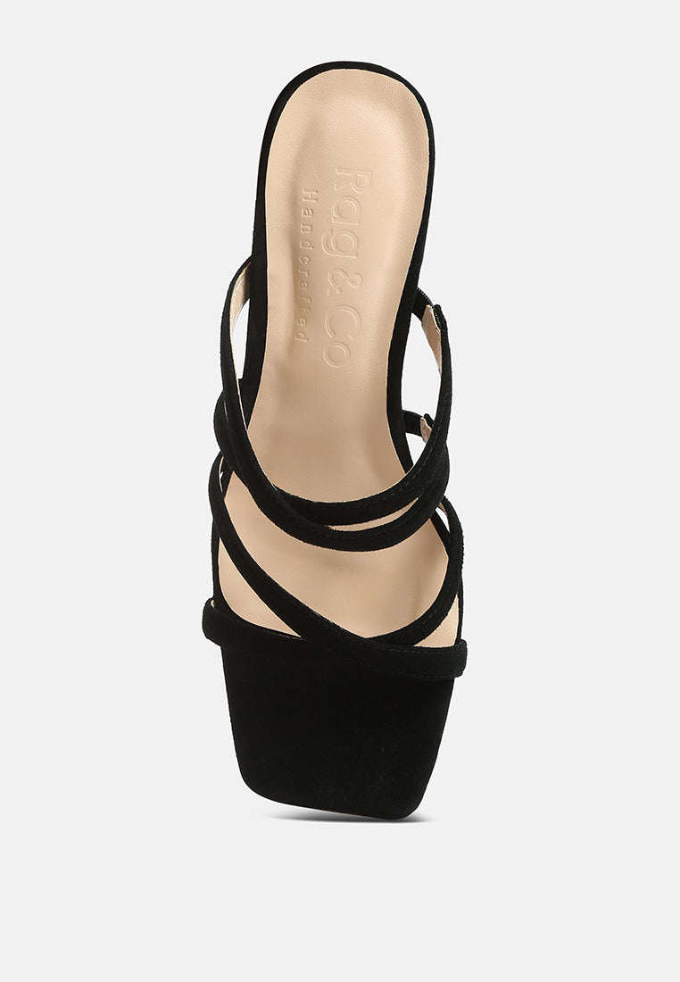 Black strappy block-heel sandals with platform style and crisscross straps