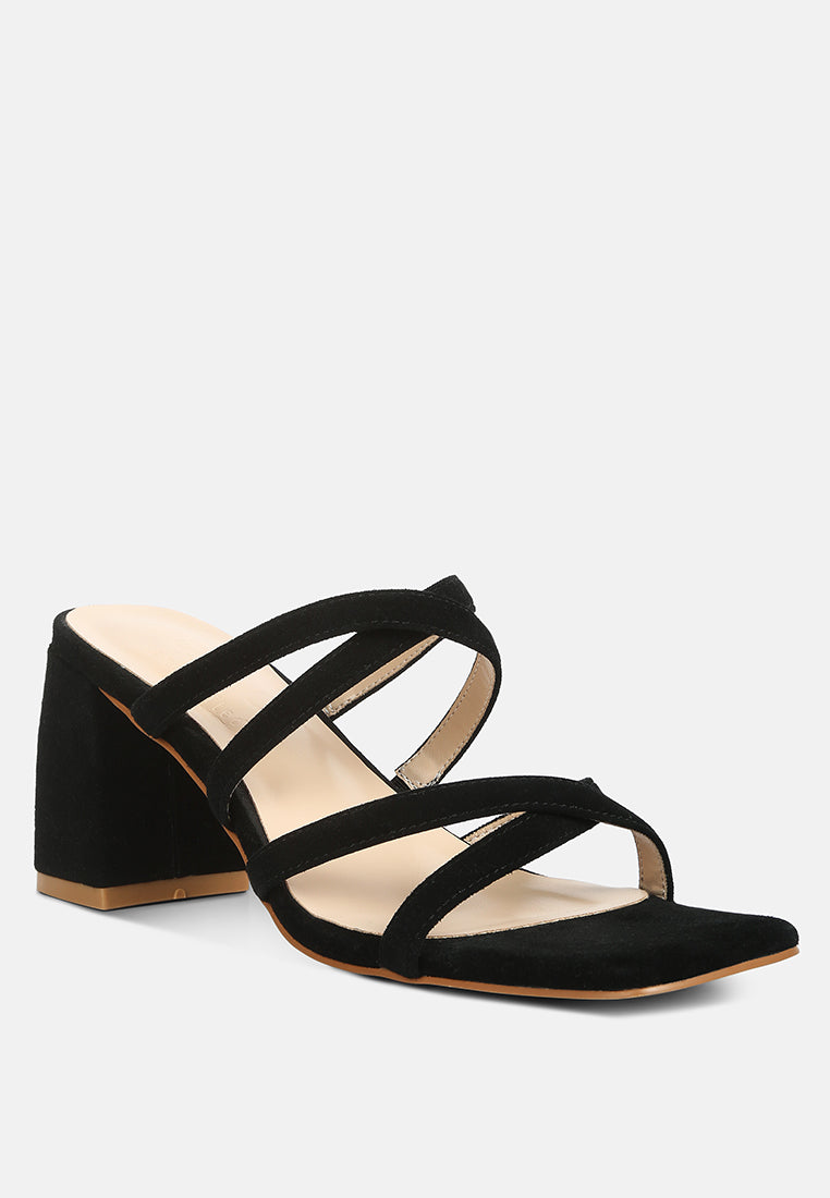 Black heeled sandals with crisscross straps over open toe, block heel