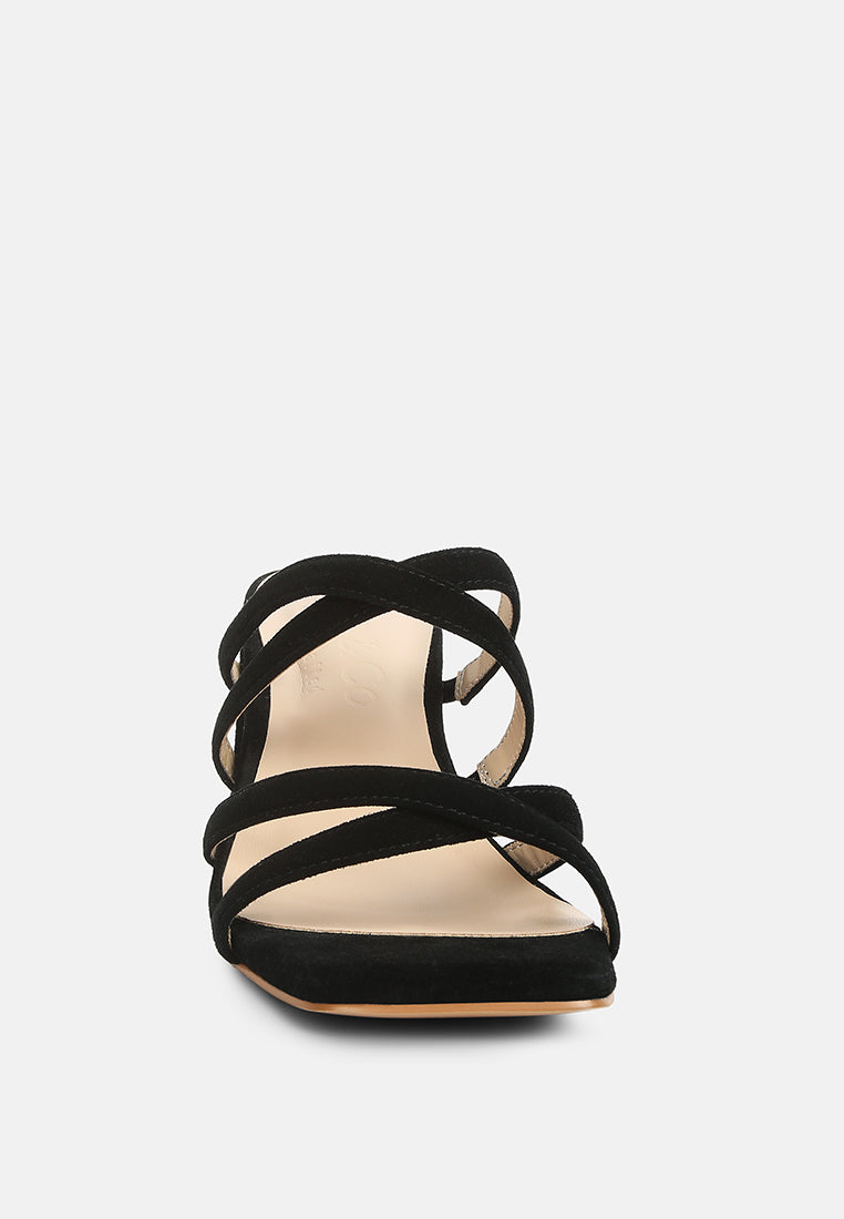 Black slide sandals with crisscross straps, squared toe, block heel