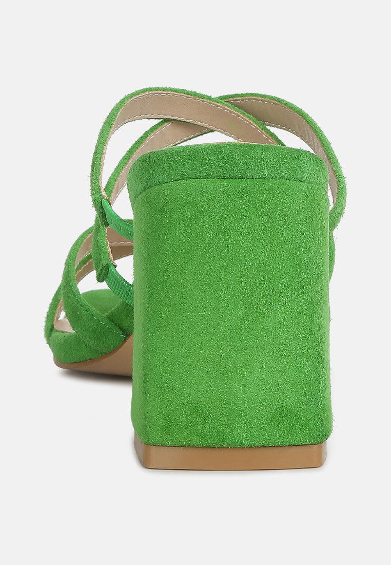 Mint green sandals with tall block heel and crisscross ankle straps