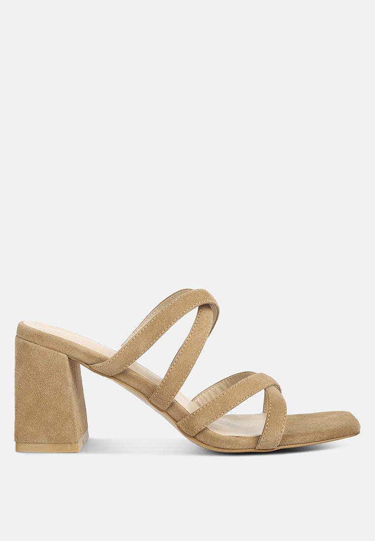 Valentina strappy block heel sandals, tan suede-style with crisscross straps