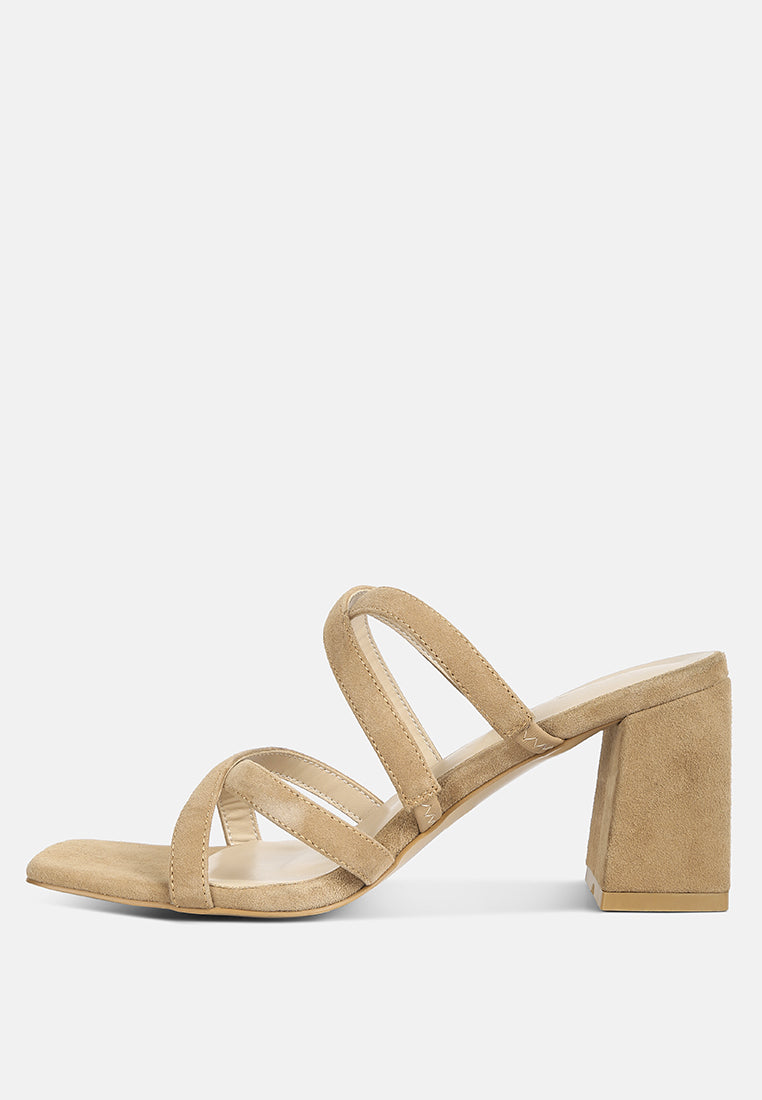 Tan mule-style block heel sandals with crisscross straps and open toe