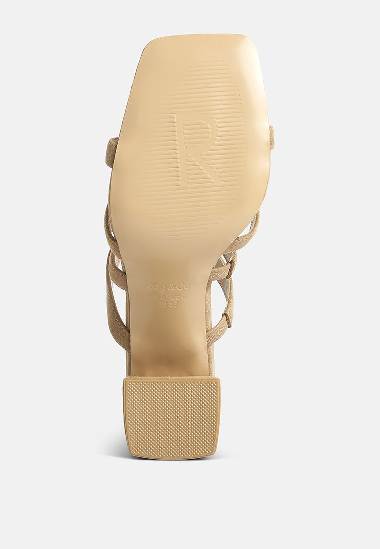 Tan sandal interior view of embossed insole and block heel