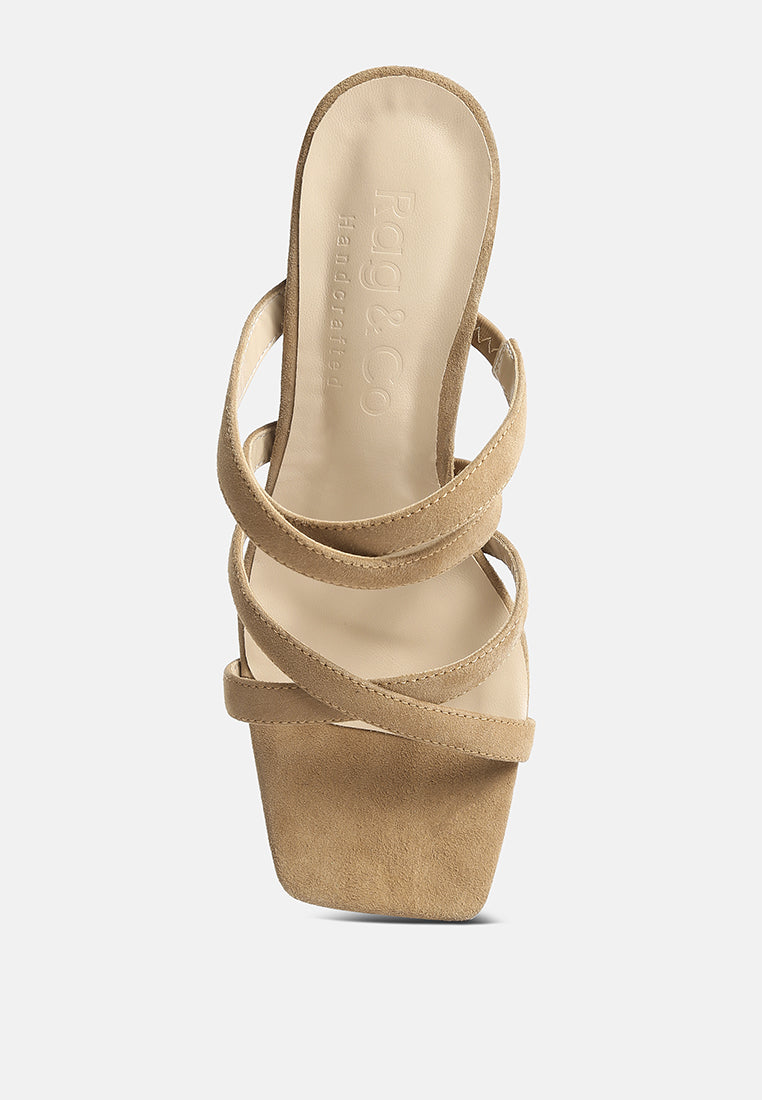 Tan heeled sandals with crisscross straps and cushioned footbed