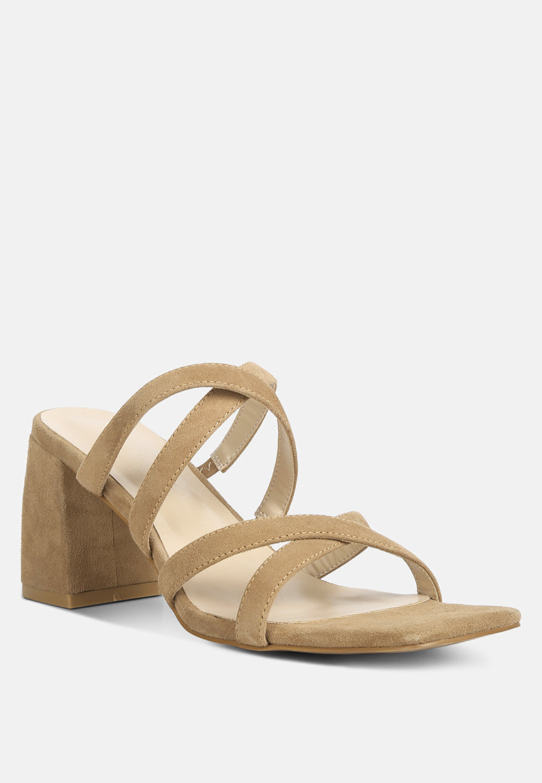 Tan strappy block heel sandals with two wide cross straps over open toe