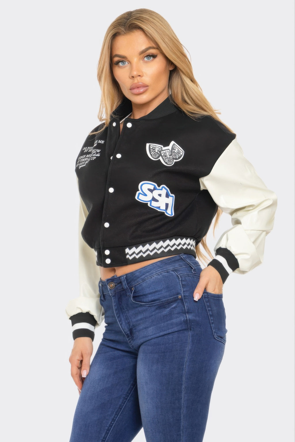 Varsity patchwork Y2K jacket, black/off-white, snap buttons, graphic patches