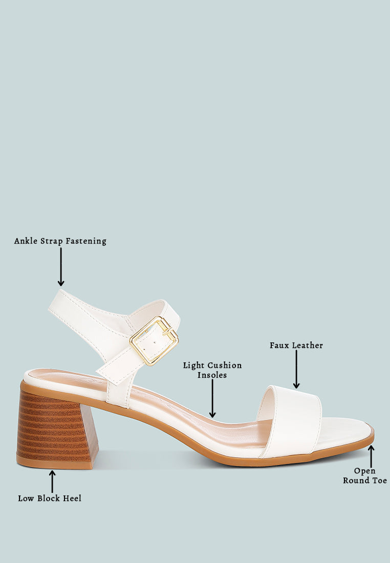 White Varya stacked heel sandal with ankle strap, open round toe
