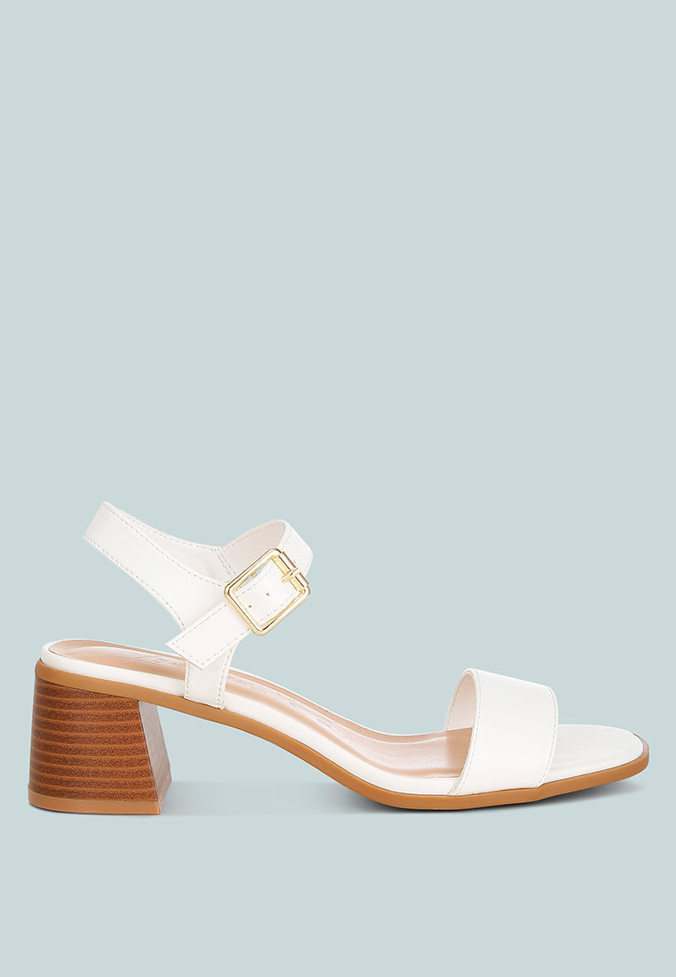 White Varya stacked heel sandal with square buckle ankle strap