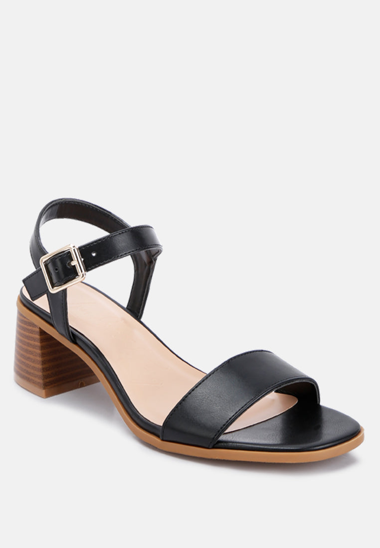 Black Varya stacked heel sandal with wide straps and block heel, open toe
