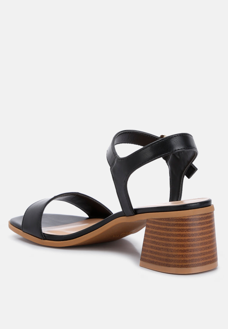 Black Varya stacked heel sandal, side view, chunky heel and ankle strap