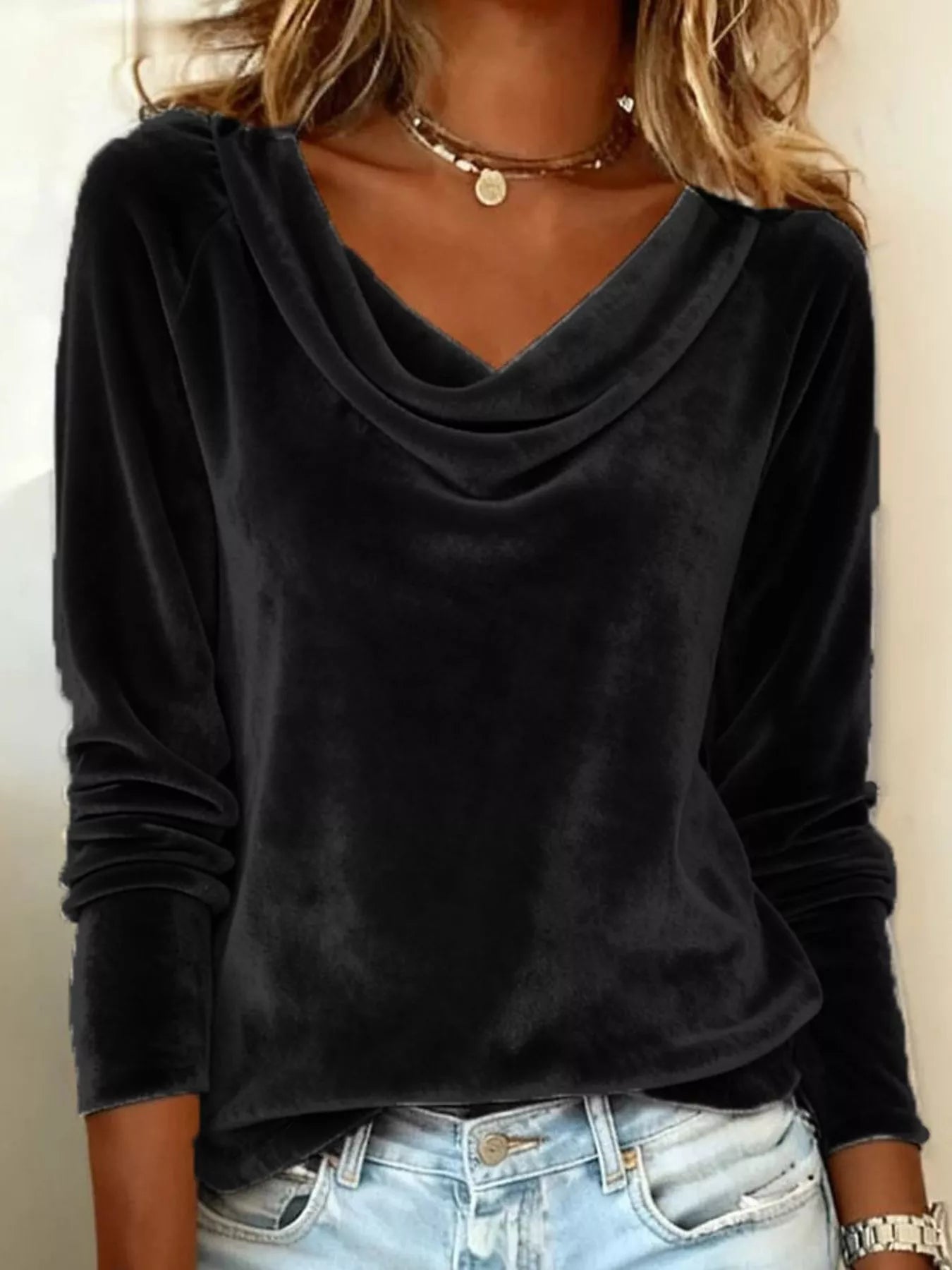 Velvet Cowl Neck Long Sleeve T-Shirt - Tigbul's Variety Fashion Shop