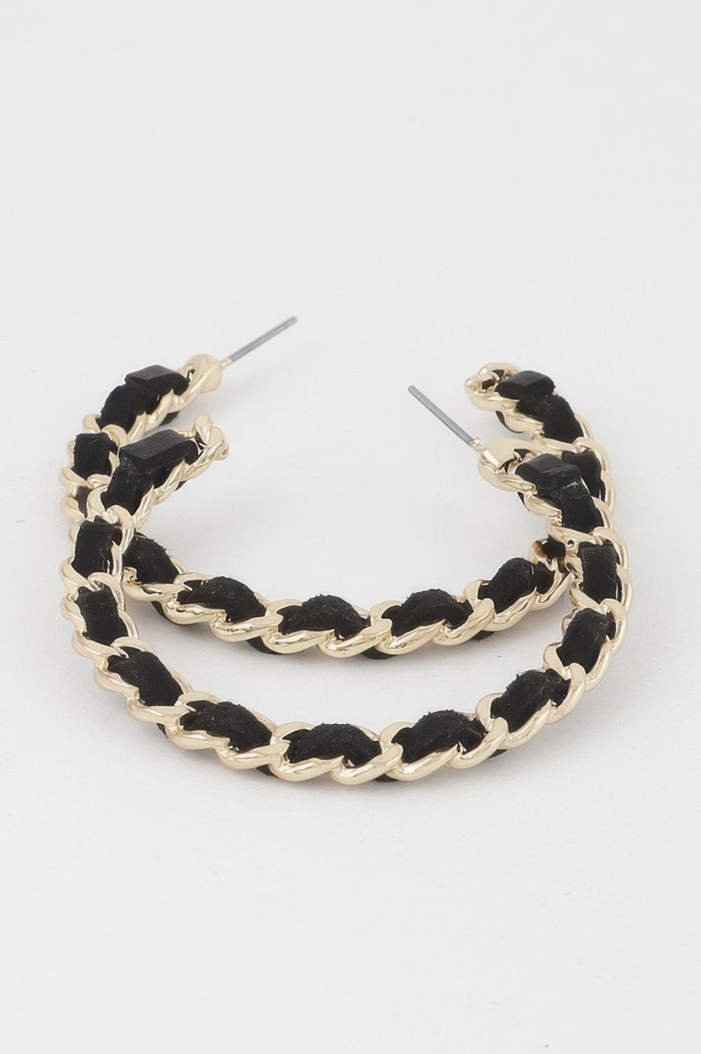 Velvet Lace Wrapped Hoop Earrings in Gold with black wrapped link hoops