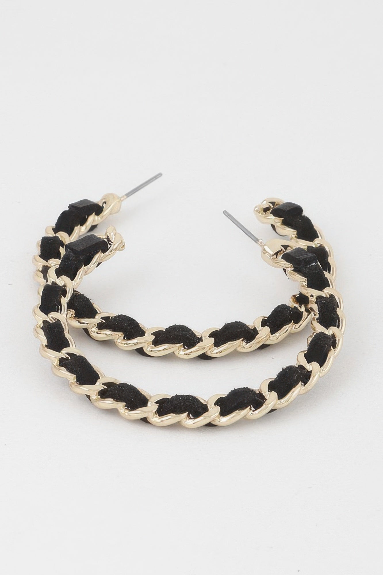 Velvet Lace Wrapped Hoop Earrings in Gold with black wrapped link hoops