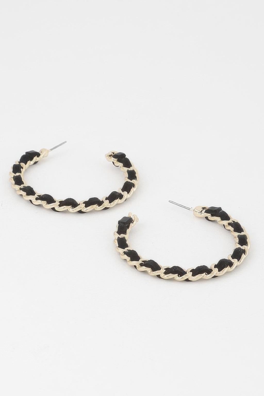 Velvet Lace Wrapped Hoop Earrings—black velvet with gold-tone hoop links