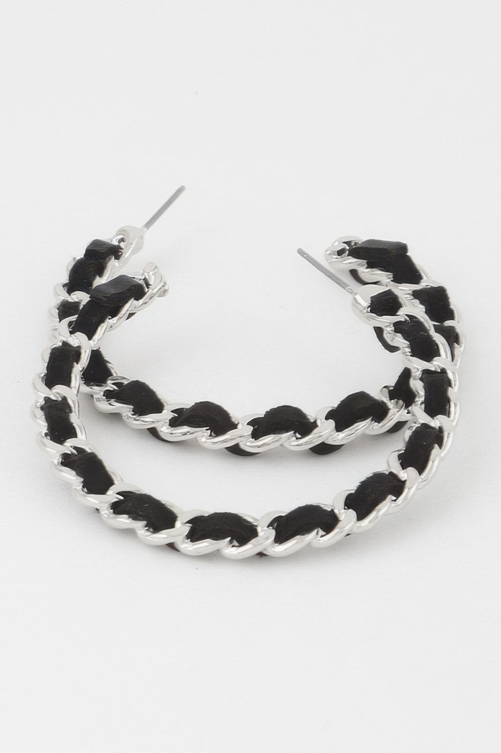 Velvet Lace Wrapped Hoop Earrings in Silver with black wrapped link hoops