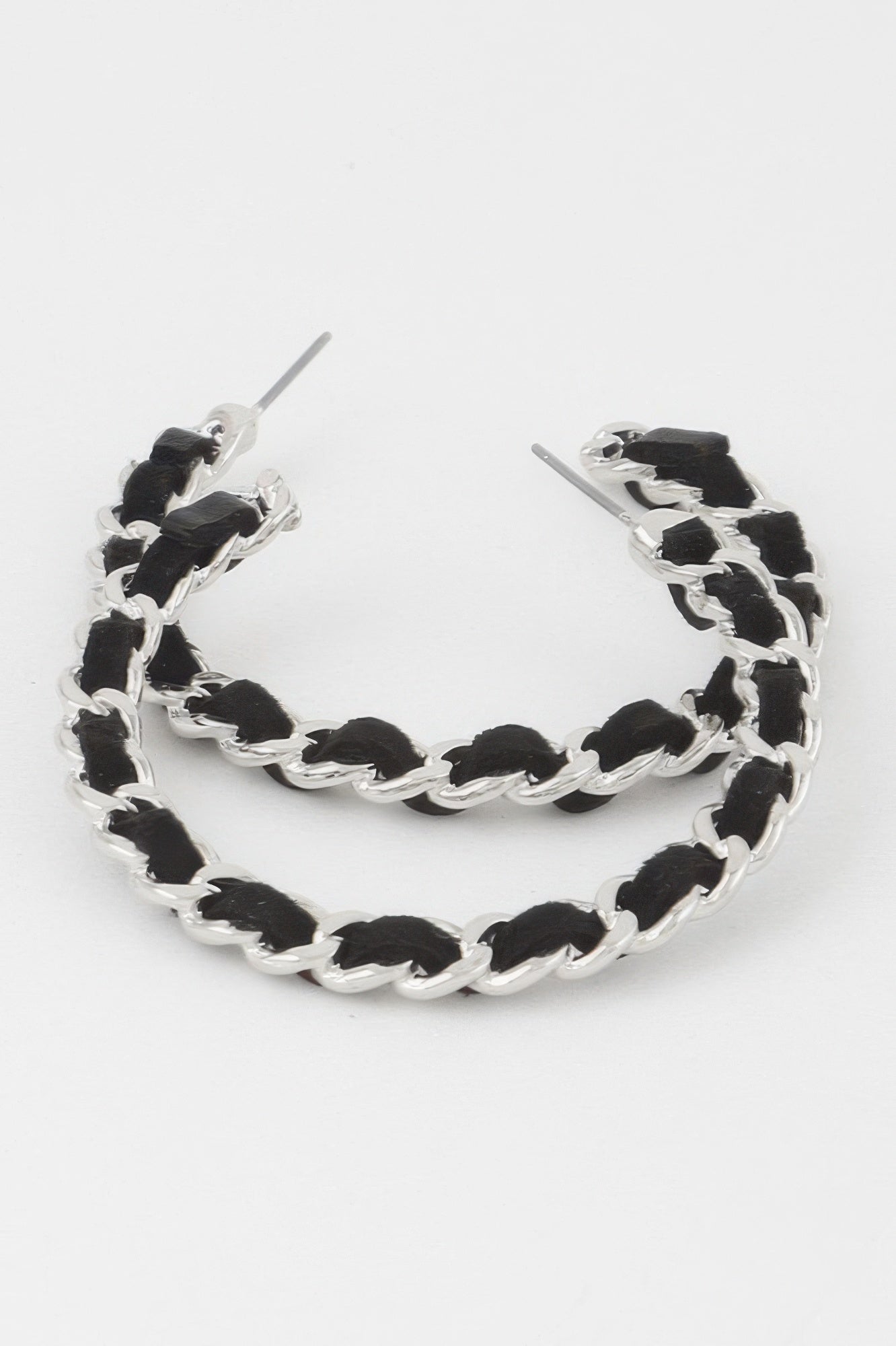Velvet Lace Wrapped Hoop Earrings in Silver with black wrapped link hoops
