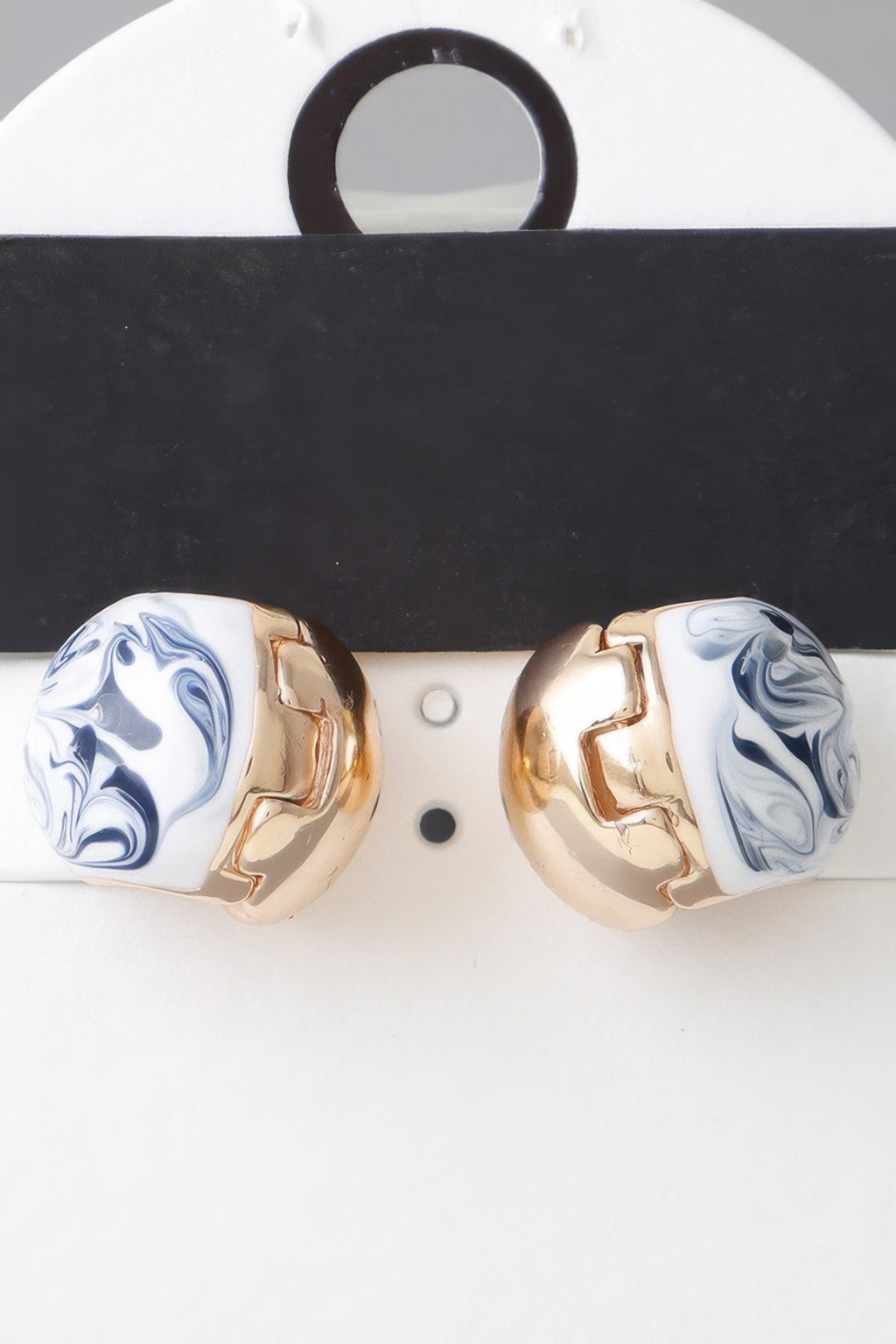 Vintage marble swirl clasp earrings, gold-tone with blue swirled center panels