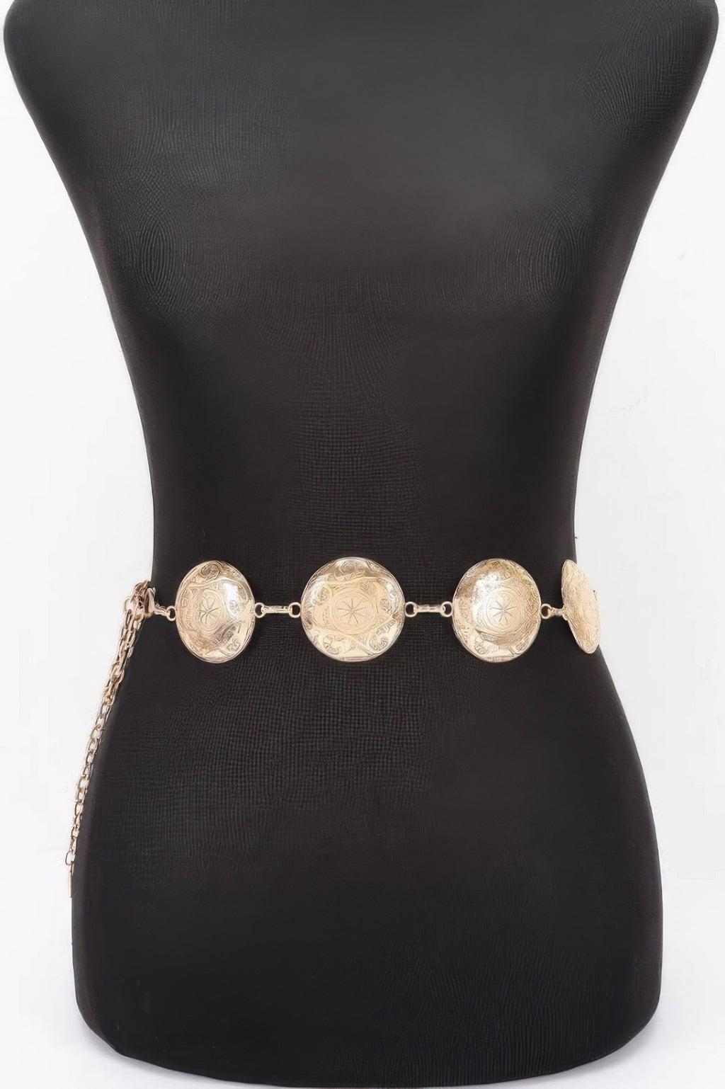 Vintage metal chain belt with round engraved coin links, warm gold tone