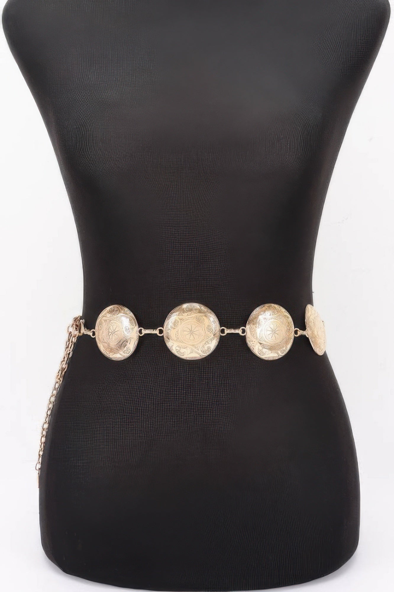 Vintage metal chain belt with round engraved coin links, warm gold tone