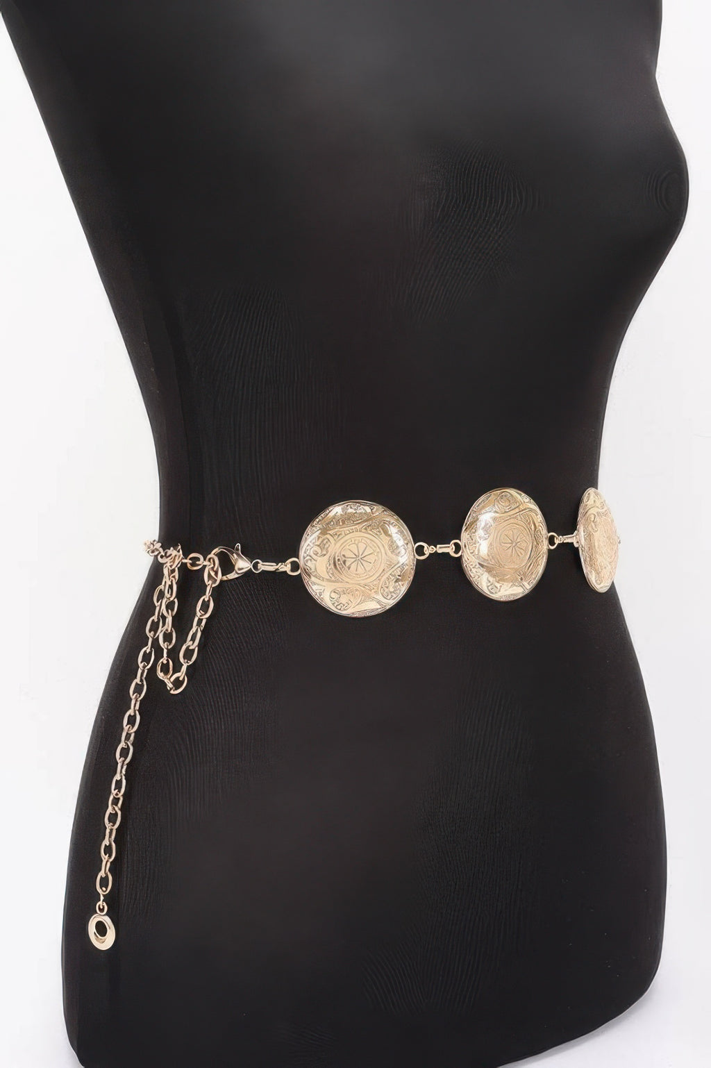 Vintage metal chain belt with dangling oval coin medallions, warm gold tone