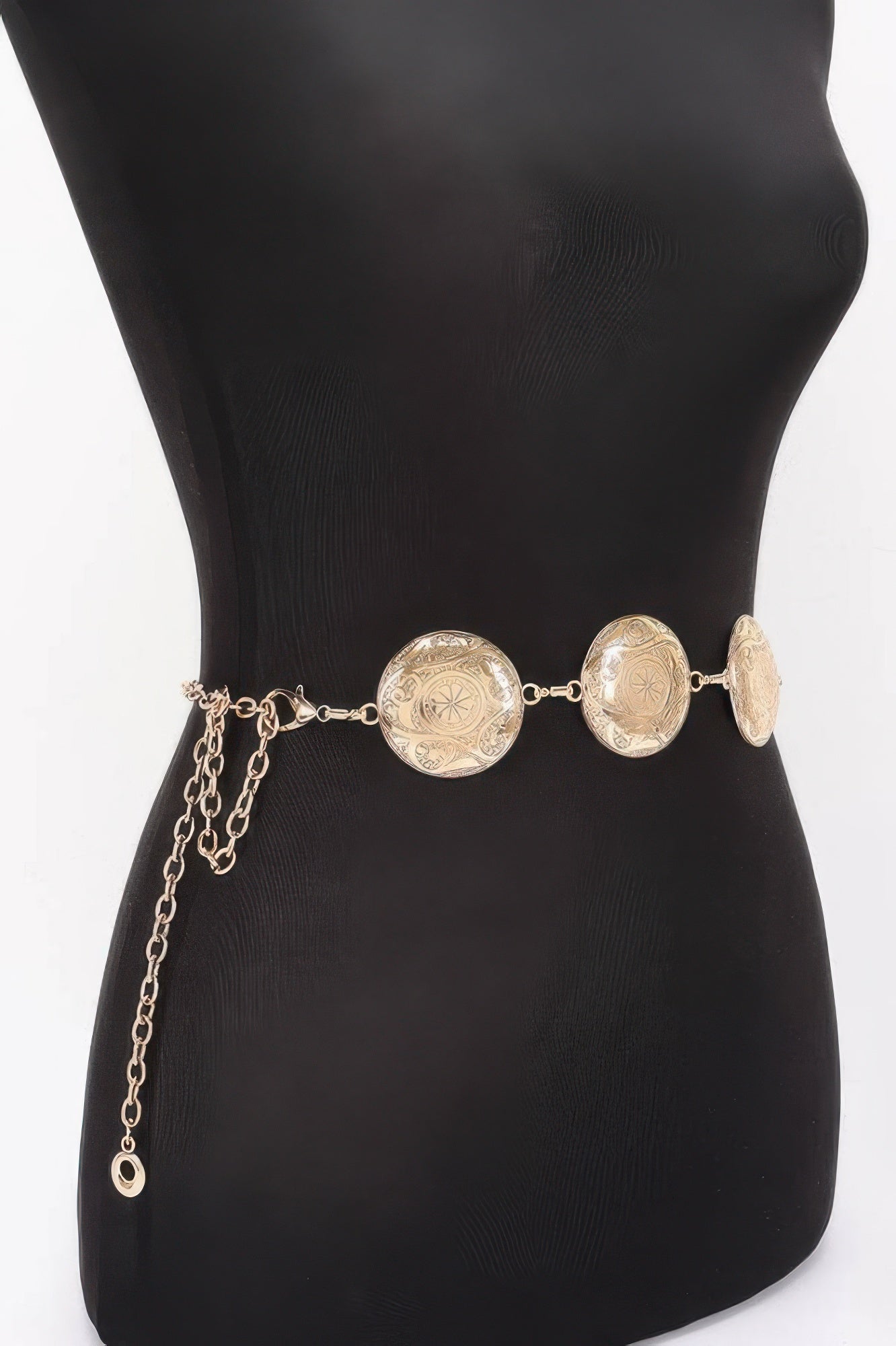 Vintage metal chain belt with dangling oval coin medallions, warm gold tone