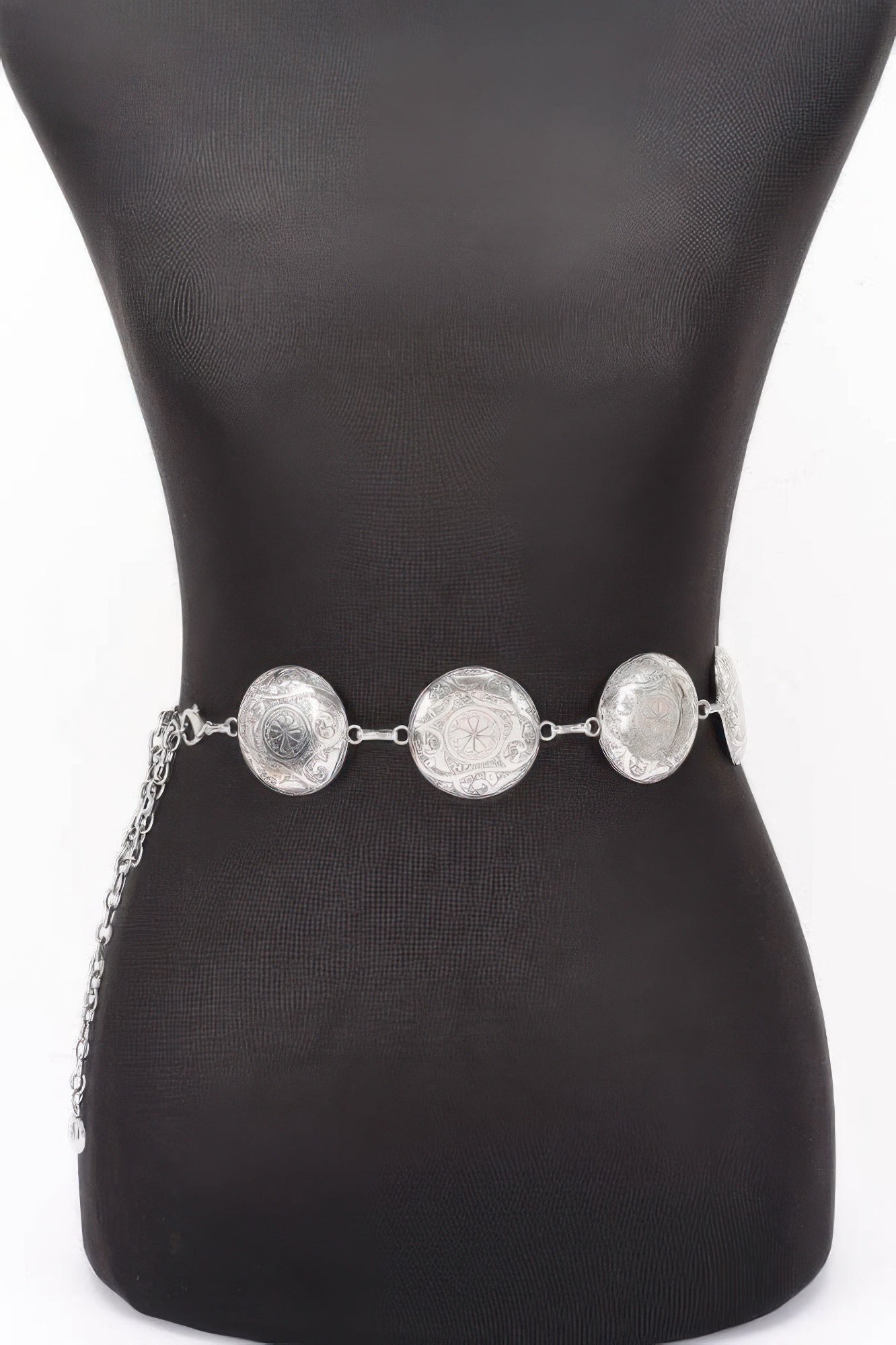 Vintage metal chain belt with round engraved medallions and chain ties, silver tone