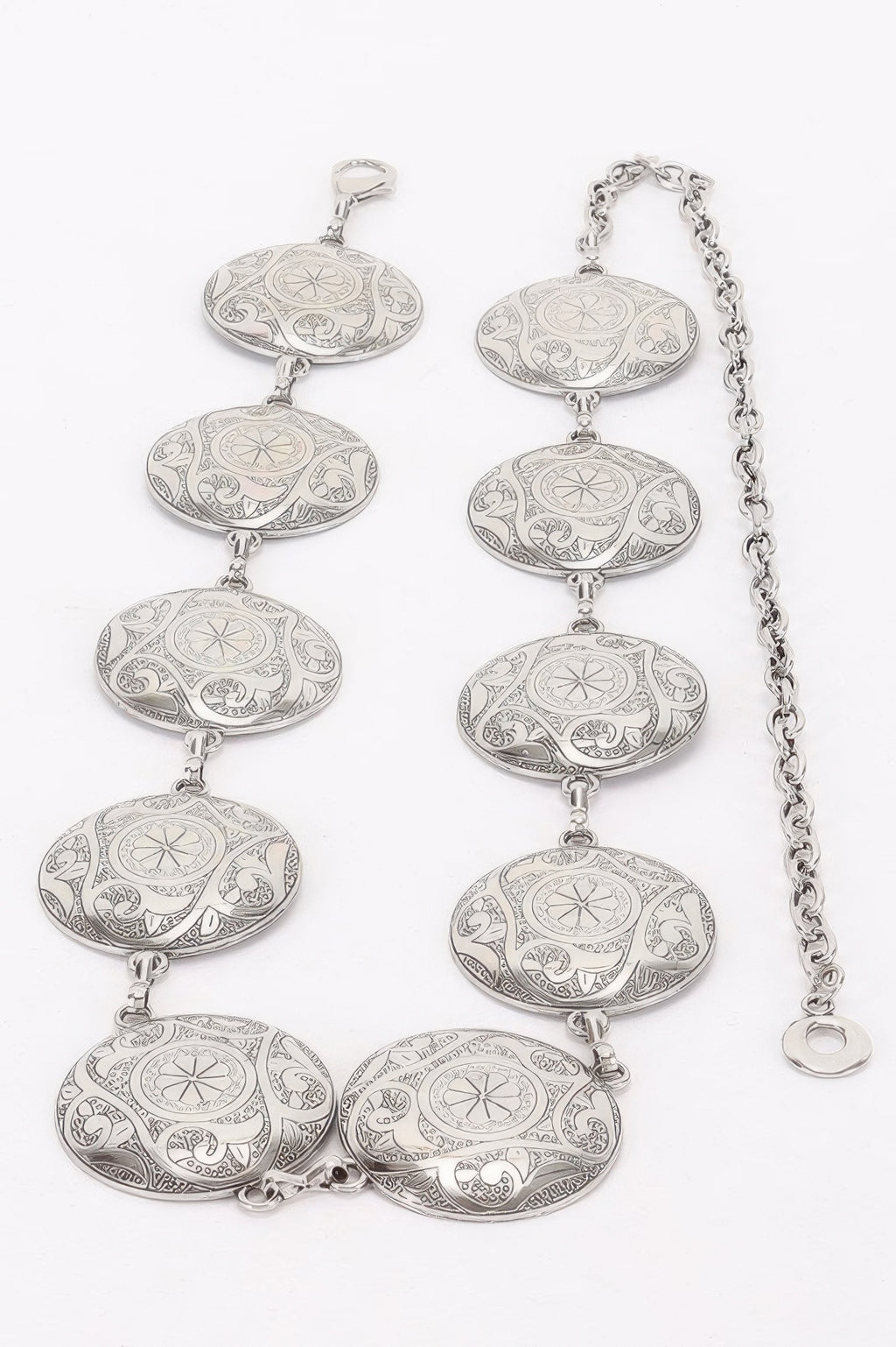 Silver-tone vintage coin chain belt links with detailed engraved oval medallions