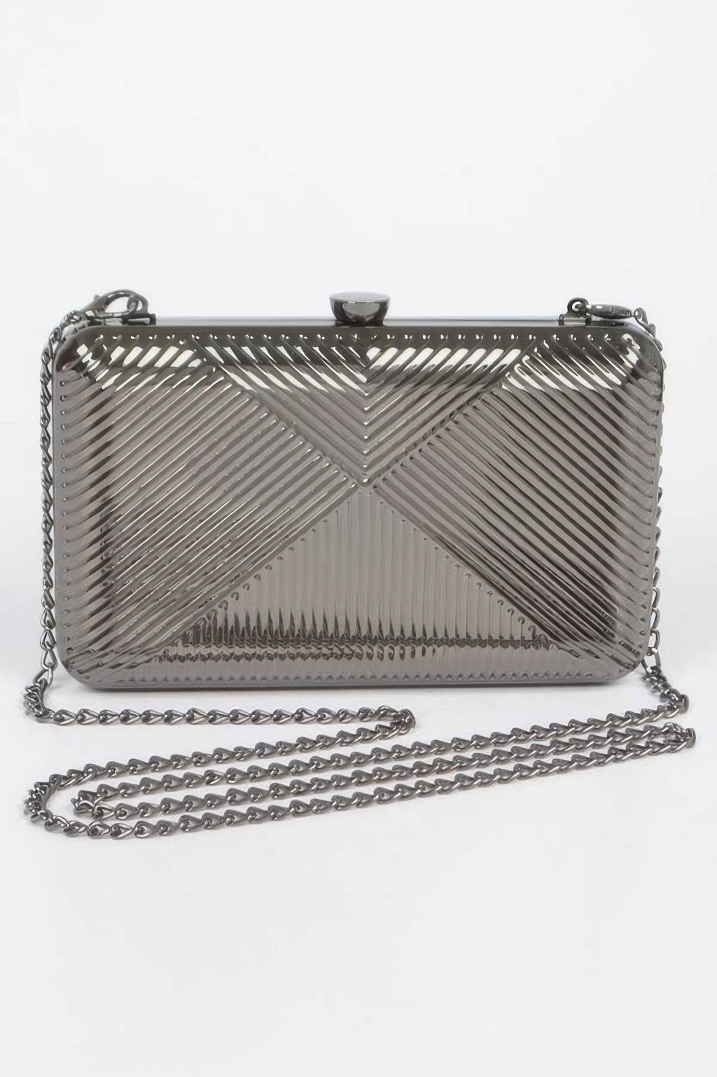 Hematite-gray metal clutch with chevron ribbed pattern and chain strap