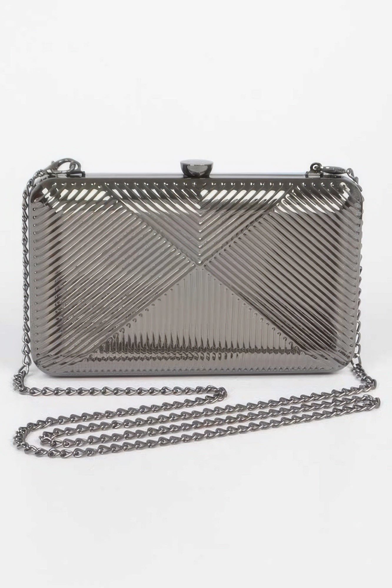 Hematite-gray metal clutch with chevron ribbed pattern and chain strap