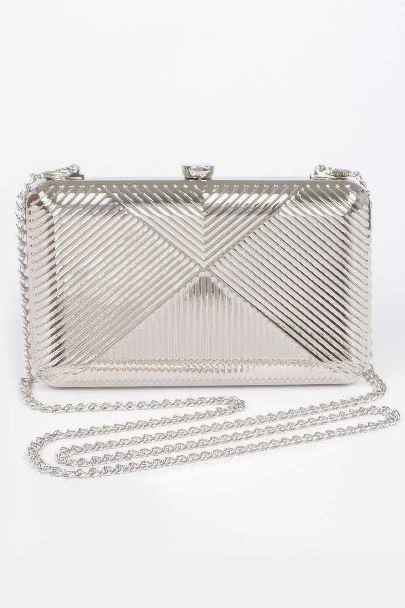 Silver ribbed metal clutch with chevron front and long chain strap
