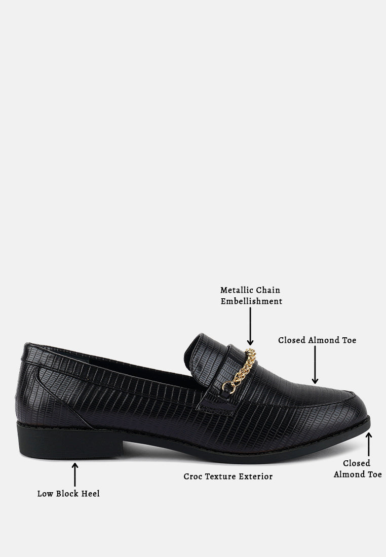 Black croc-texture loafers with metallic gold chain and closed almond toe, low block heel