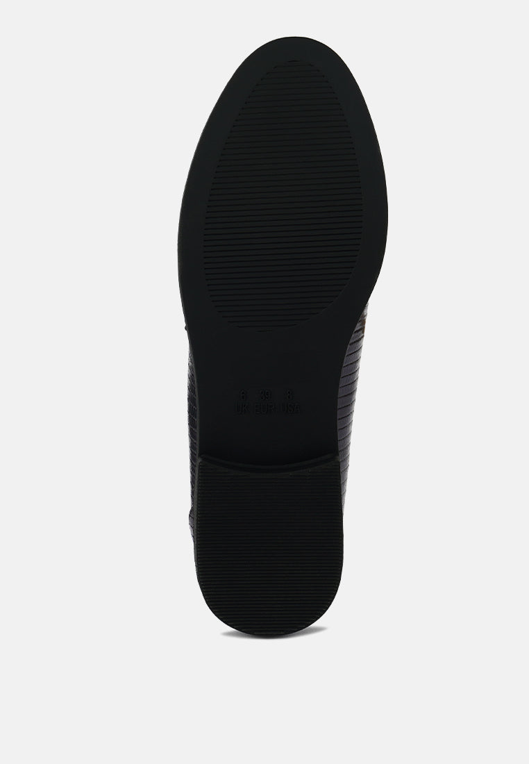 Black loafers outsole view with textured tread on the bottom