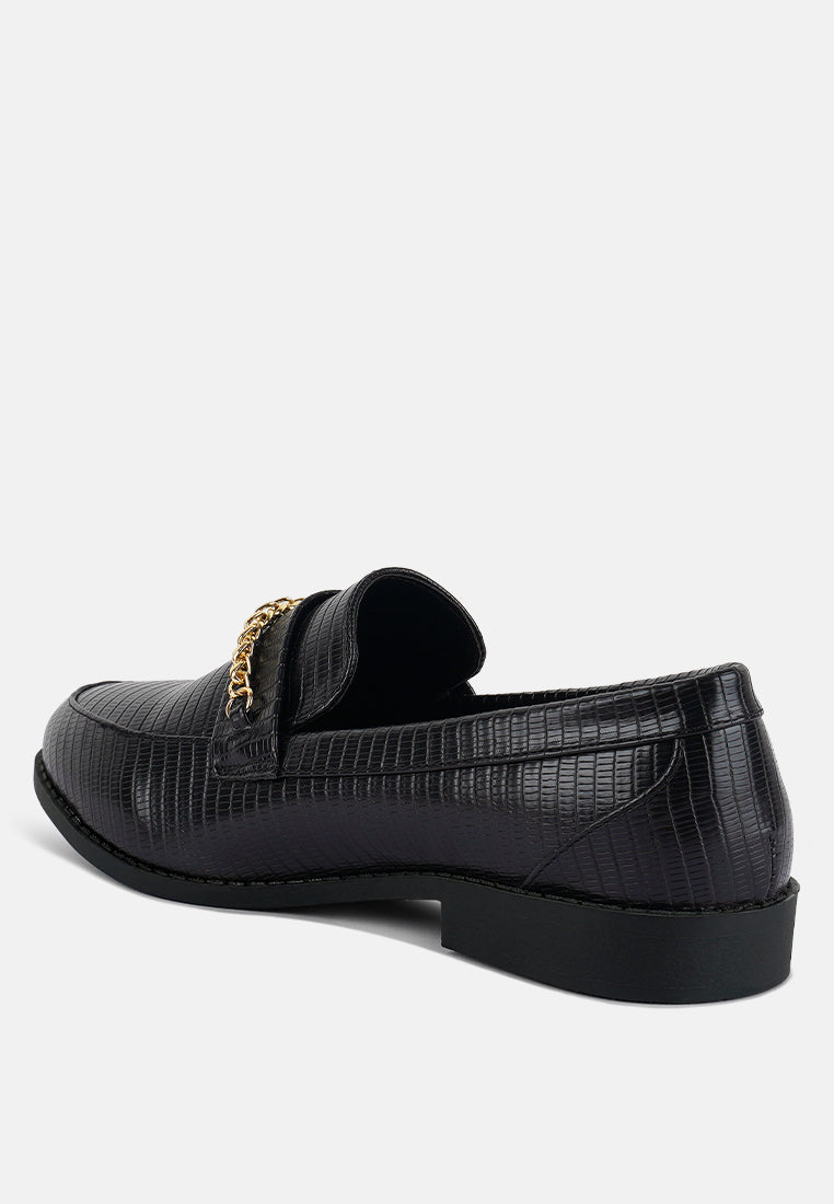 Black loafers with gold chain detail and croc-textured back view, low block heel