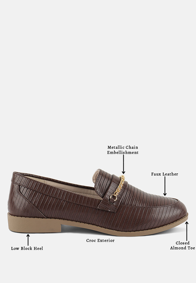 Brown croc-texture loafers with gold chain and low block heel, closed almond toe