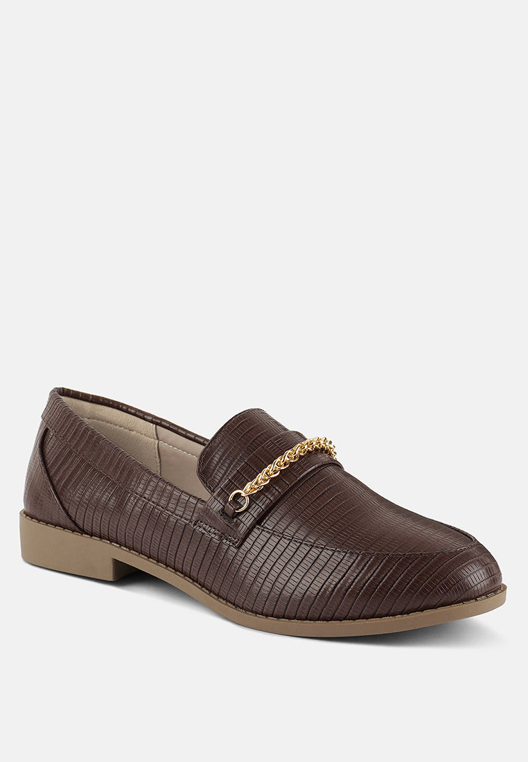Dark brown loafers with gold chain detail and low block heel