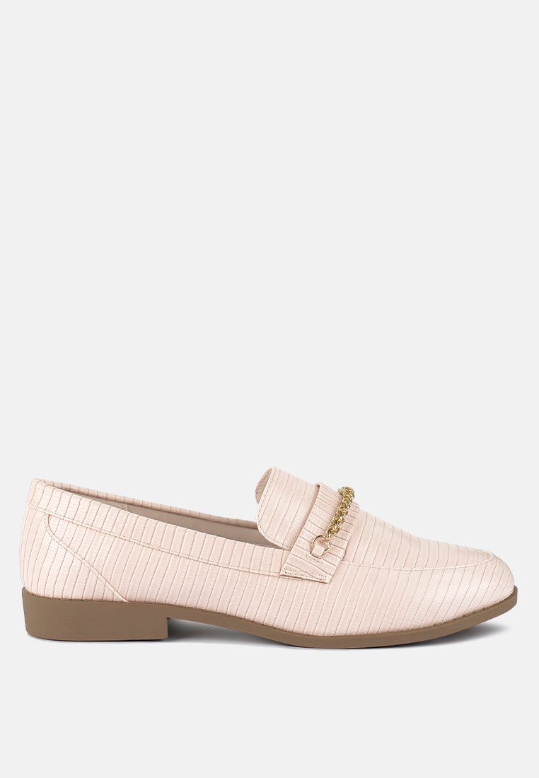 Nude low block loafers with gold chain and textured upper