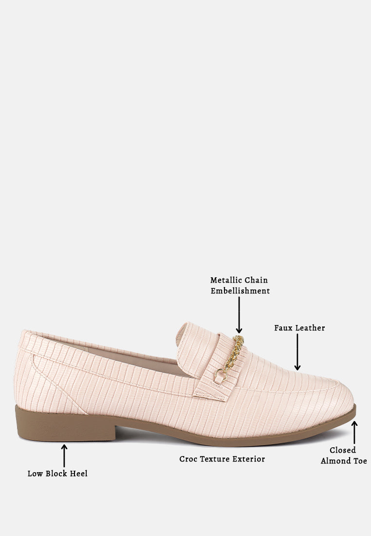 Nude loafers: metallic gold chain, faux croc texture, closed almond toe