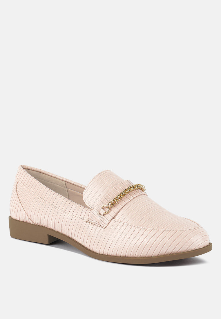 Nude loafers with gold chain across vamp and square toe