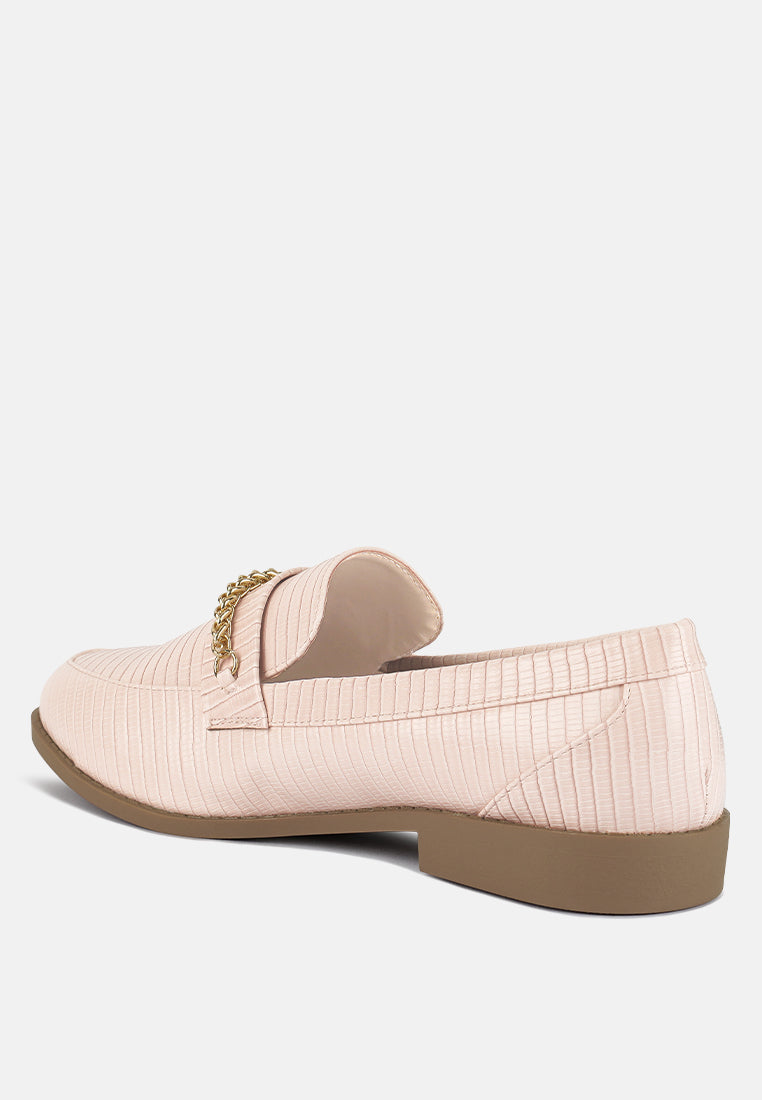 Nude loafers, side view: gold chain detail and low block heel