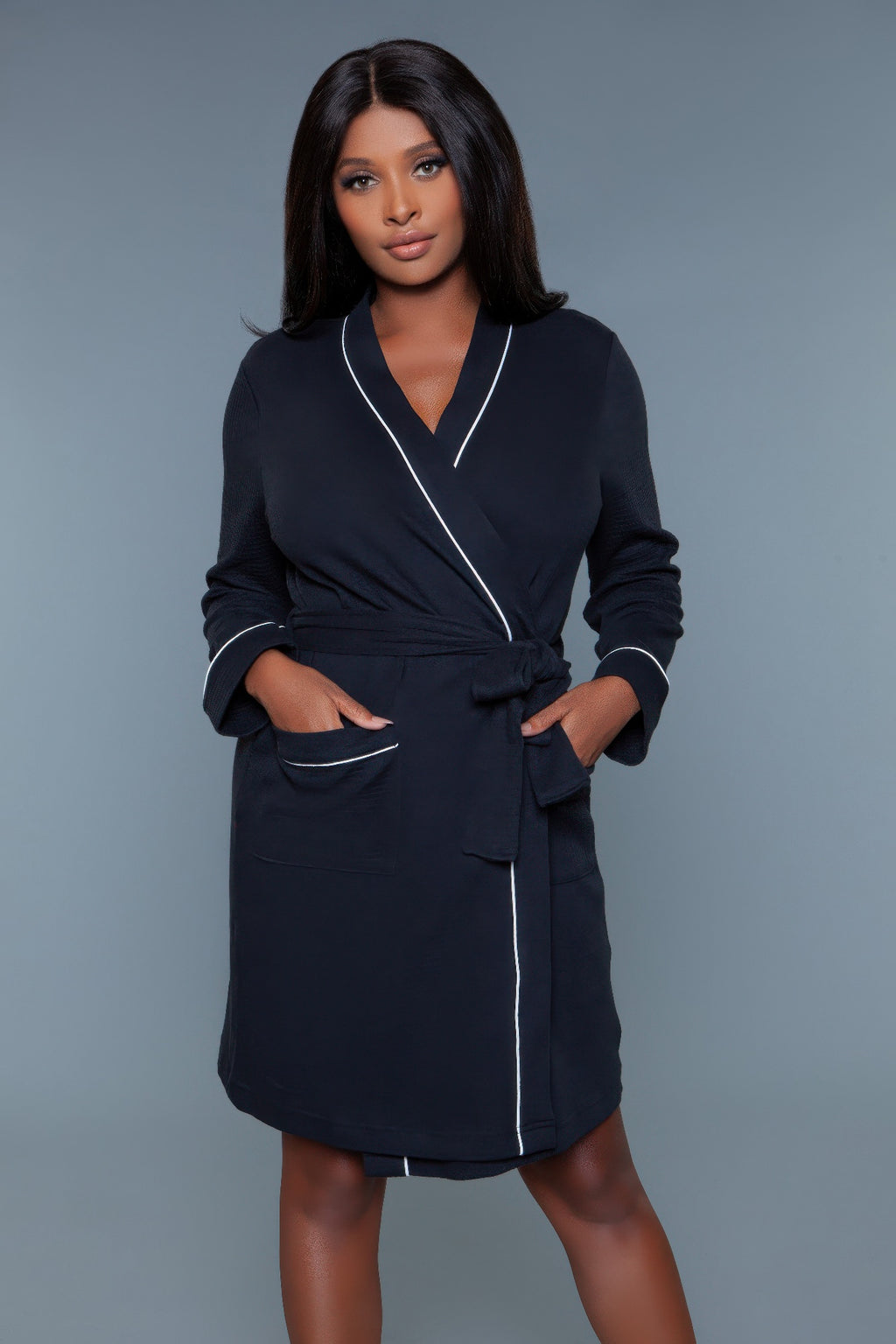 Waffle robe queen in dark tone with white trim, waist tie and pockets, front view