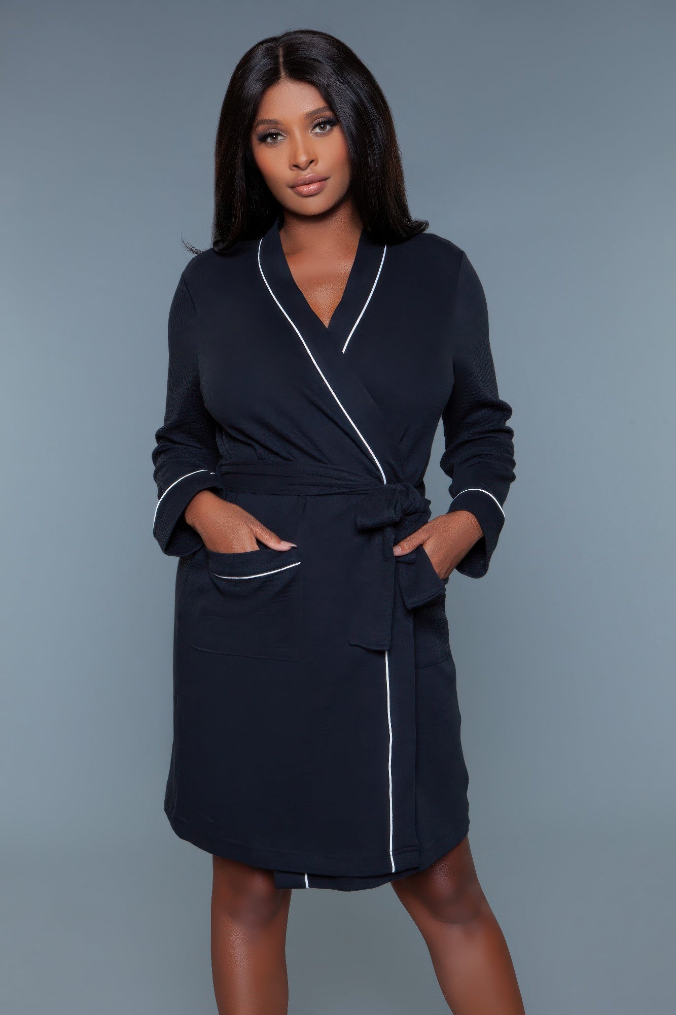 Waffle robe queen in dark tone with white trim, waist tie and pockets, front view