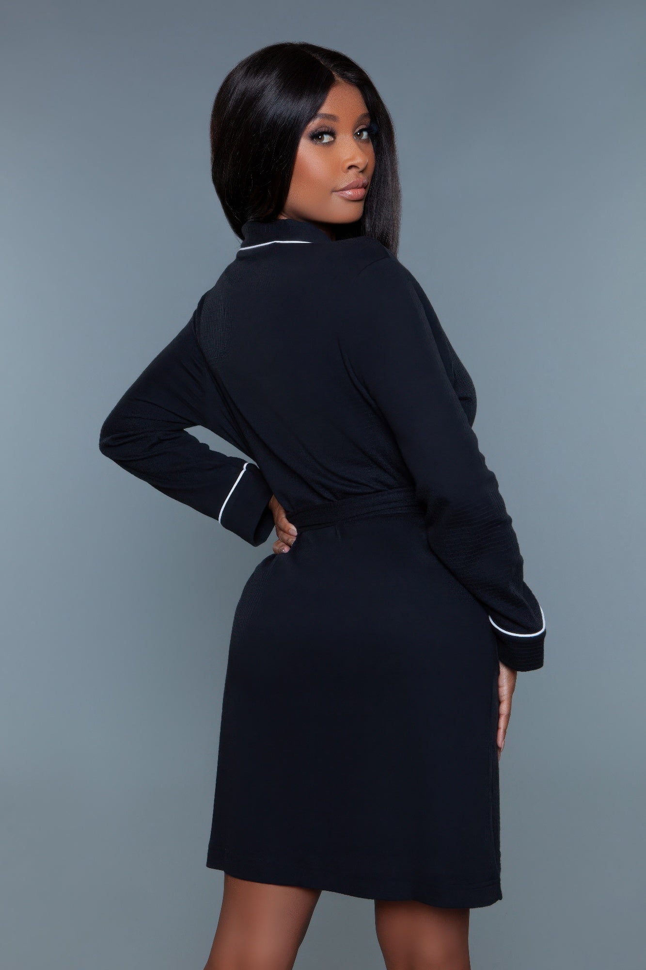 Waffle robe queen, back view with belt tie and contrast white piping on sleeves