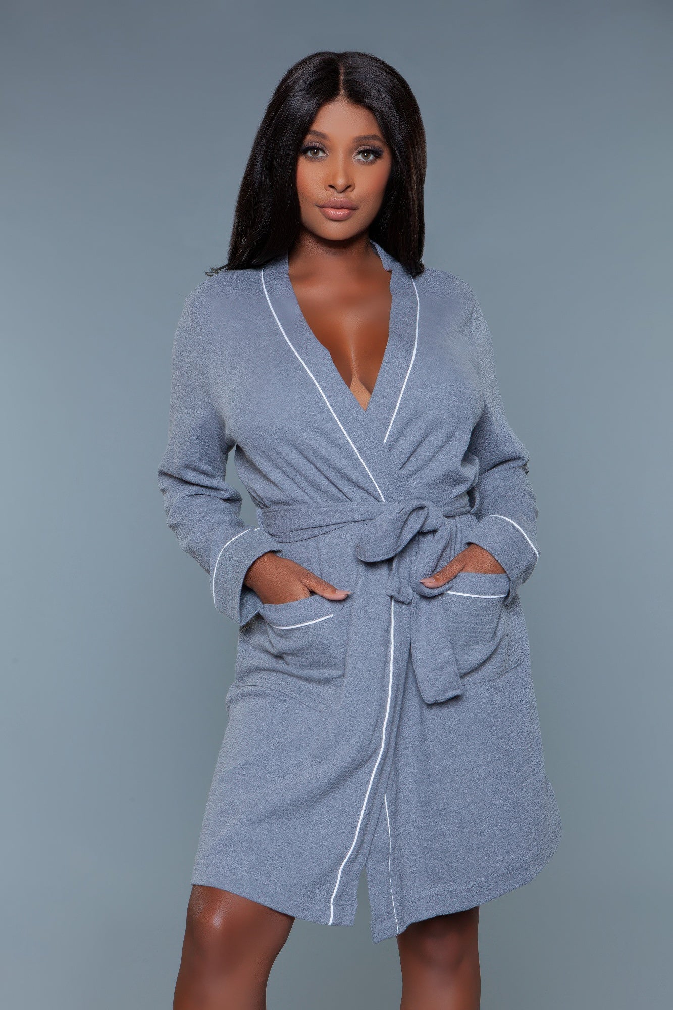 Waffle robe queen in light grey with white contrast trim, tie waist and two pockets